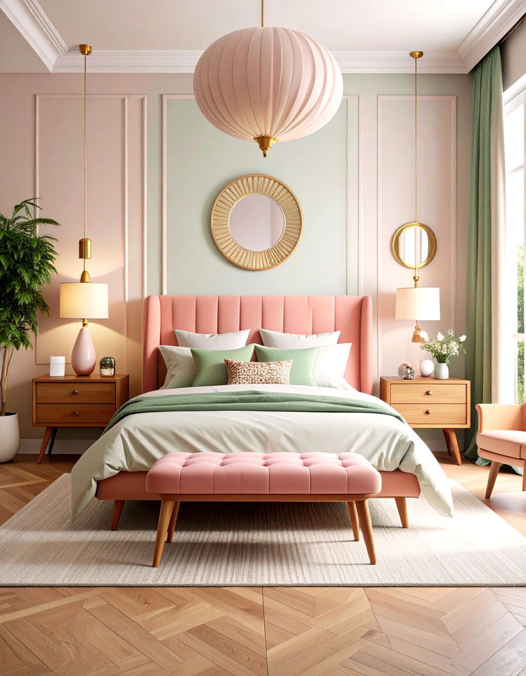Pink and Green Bedroom with Mid Century Modern Flair - 20 Pink and Green Bedroom Ideas