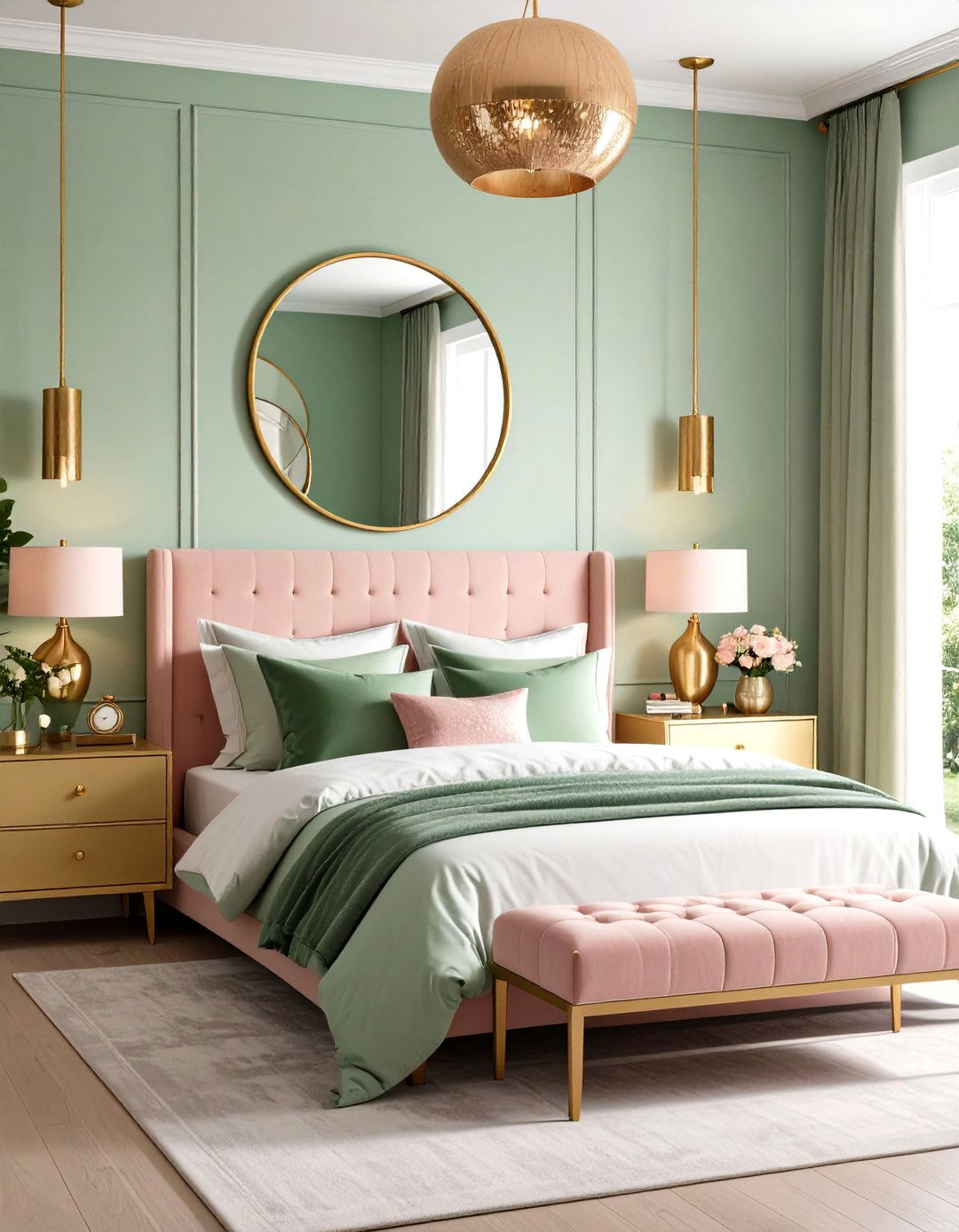 Pink and Green Bedroom with Mixed Metal Accents - 20 Pink and Green Bedroom Ideas
