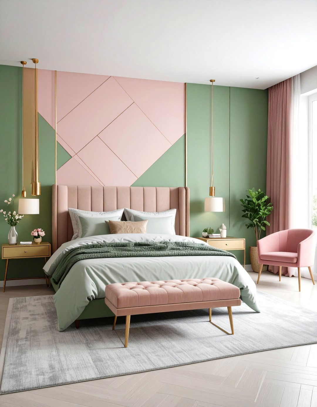 Pink and Green Bedroom with Modern Geometric Patterns - 20 Pink and Green Bedroom Ideas