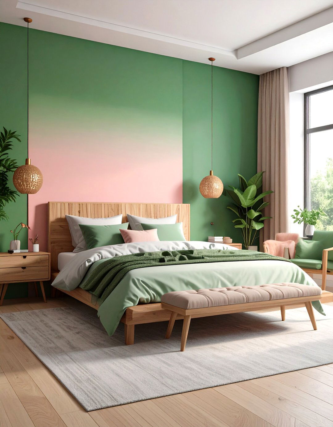 Pink and Green Bedroom with Ombre Wall Art Effect - 20 Pink and Green Bedroom Ideas