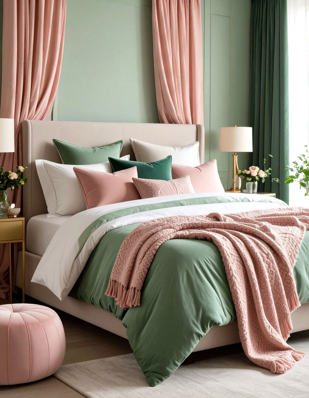 Pink and Green Bedroom with Textural Fabric Layering - 20 Pink and Green Bedroom Ideas