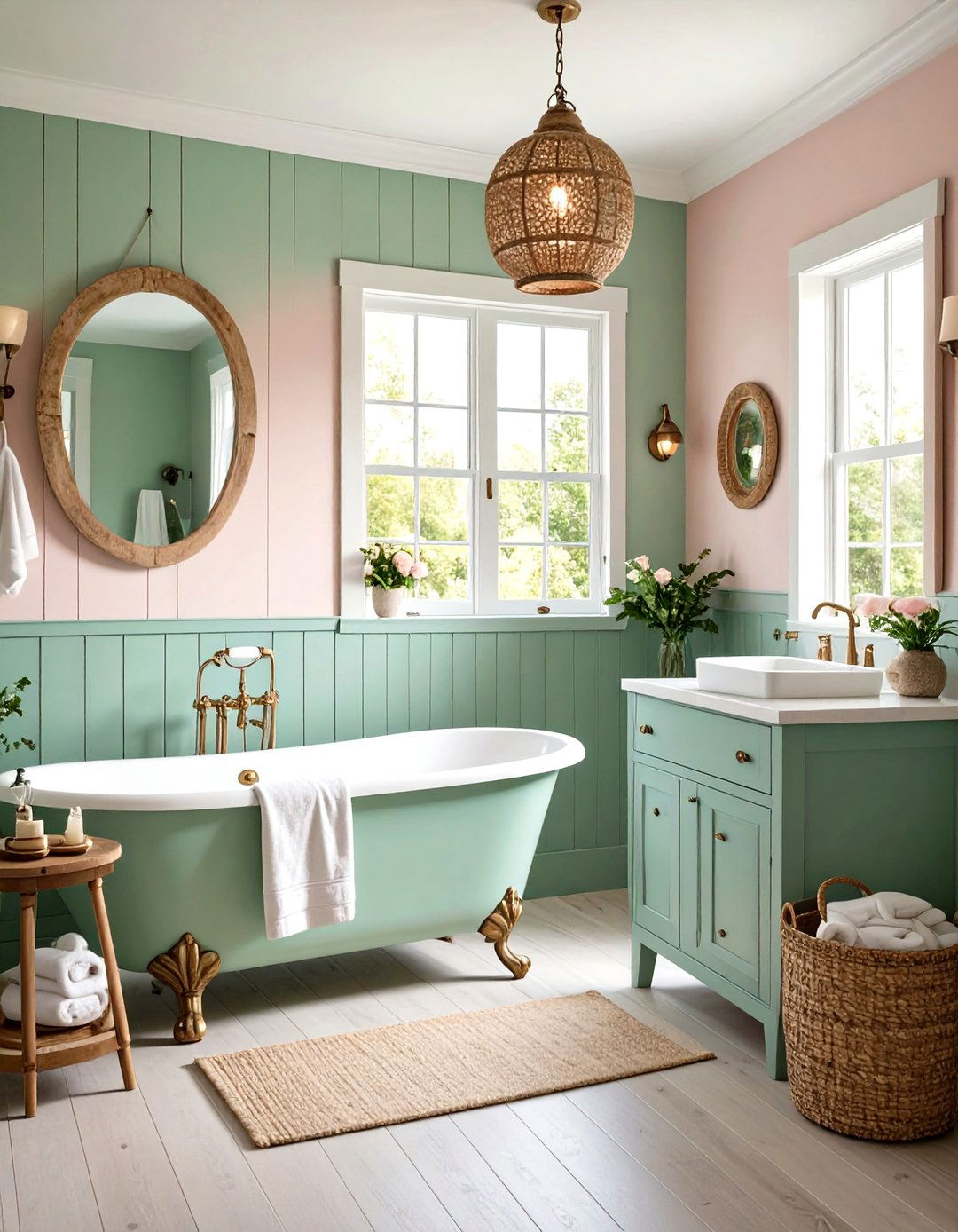 Pink and Green Coastal Cottage Bathroom Design - 20 Pink and Green Bathroom Design Ideas