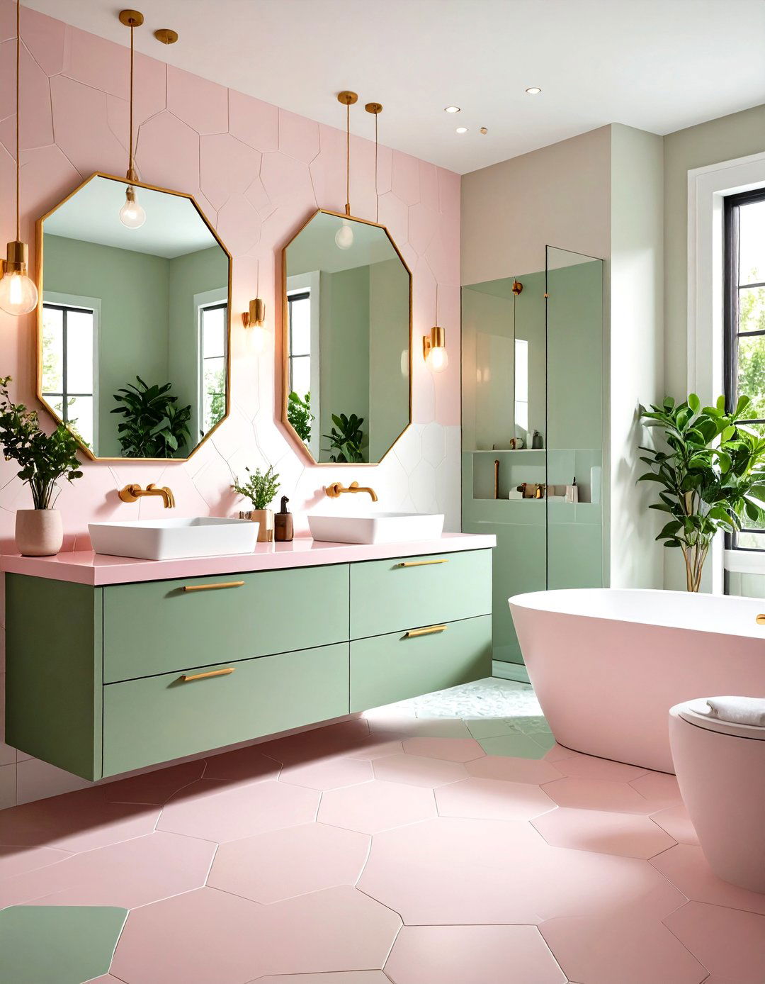 Pink and Green Geometric Tile Bathroom Design - 20 Pink and Green Bathroom Design Ideas