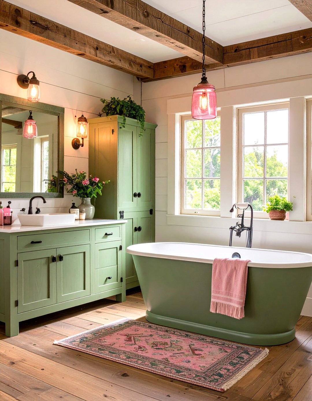 Pink and Green Rustic Farmhouse Bathroom Design - 20 Pink and Green Bathroom Design Ideas