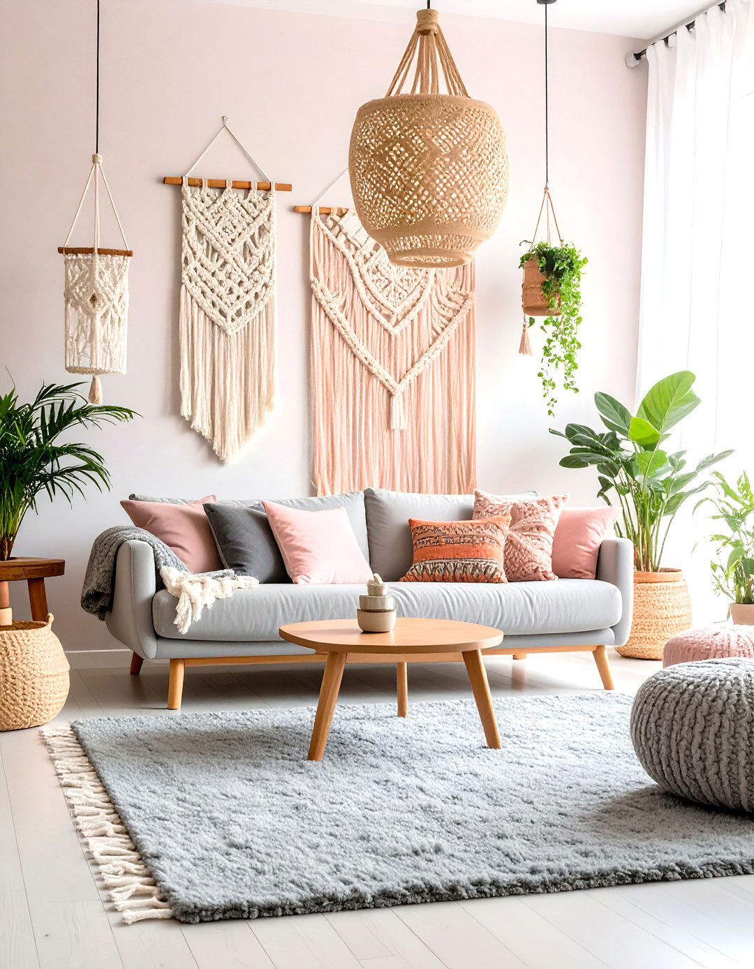 Pink and Grey Boho Living Room with Textured Layers - 20 Pink and Grey Living Room Ideas