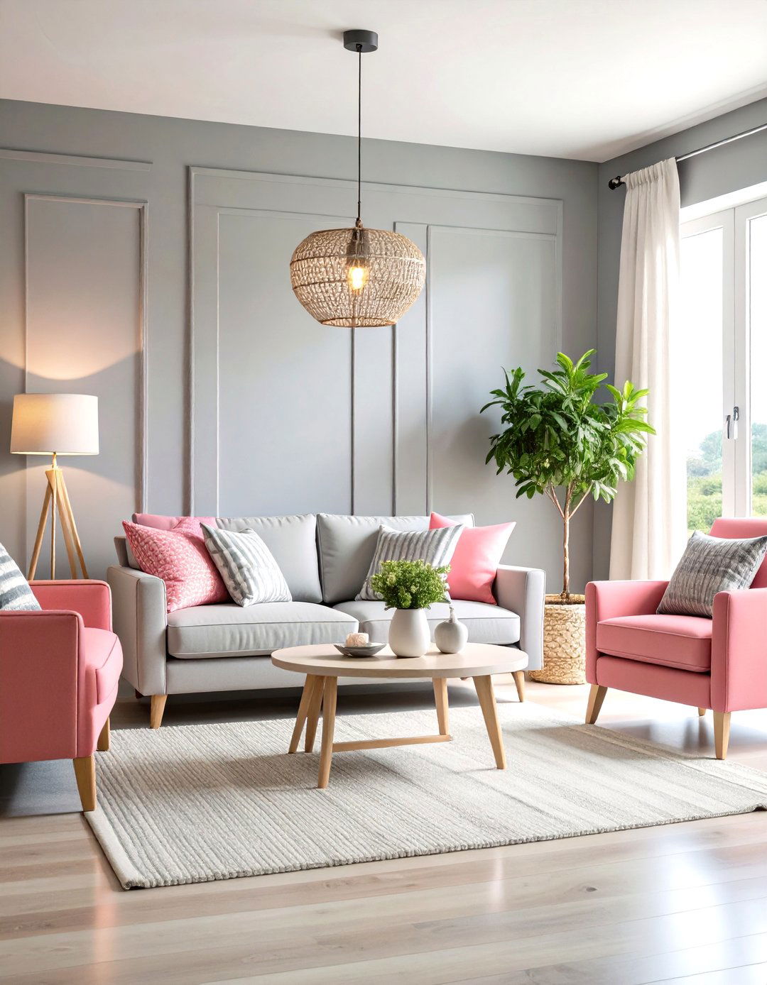 Pink and Grey Coastal Living Room with Nautical Elements - 20 Pink and Grey Living Room Ideas