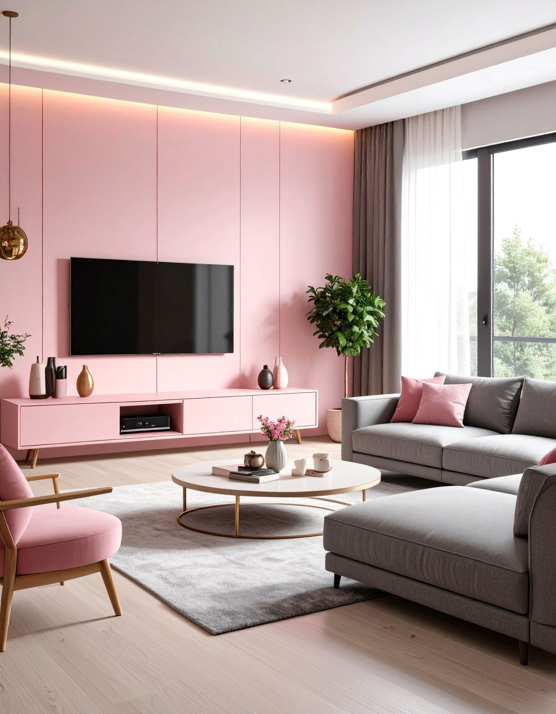 Pink and Grey Contemporary Living Room with Smart Technology - 20 Pink and Grey Living Room Ideas