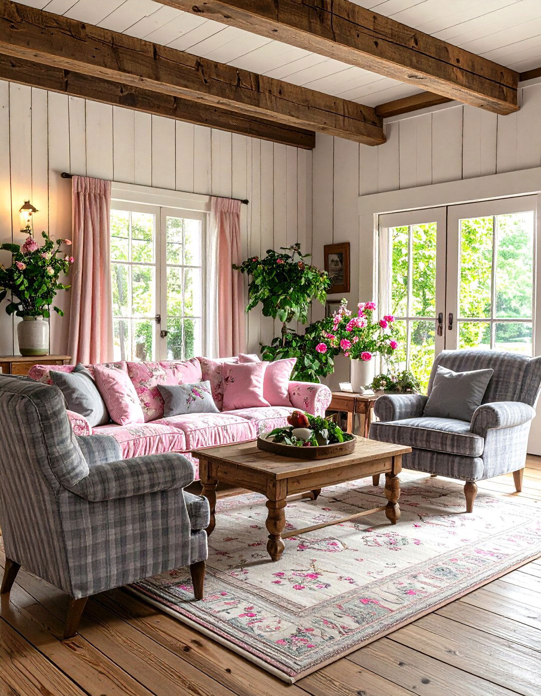 Pink and Grey Cottage Living Room with Vintage Charm - 20 Pink and Grey Living Room Ideas