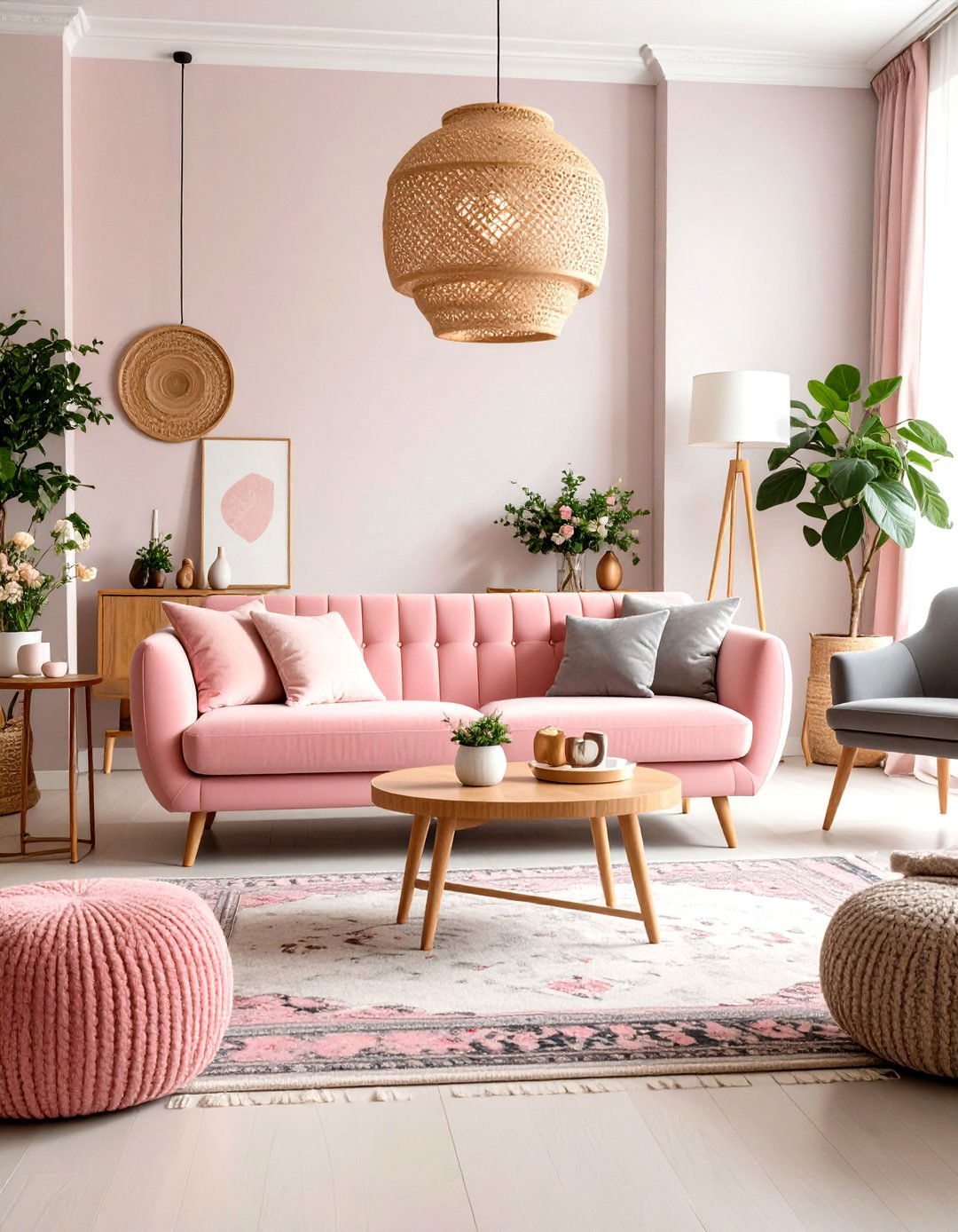 Pink and Grey Eclectic Living Room with Mixed Eras - 20 Pink and Grey Living Room Ideas