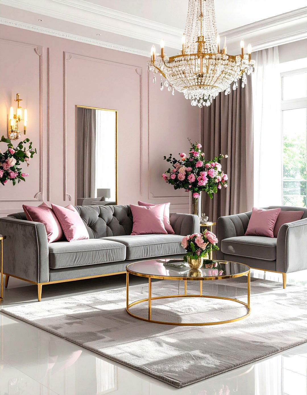 Pink and Grey Glam Living Room with Metallic Accents - 20 Pink and Grey Living Room Ideas