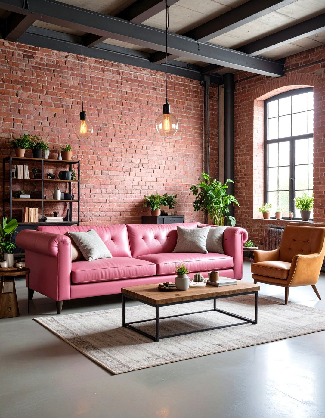 Pink and Grey Industrial Living Room with Exposed Brick Features - 20 Pink and Grey Living Room Ideas