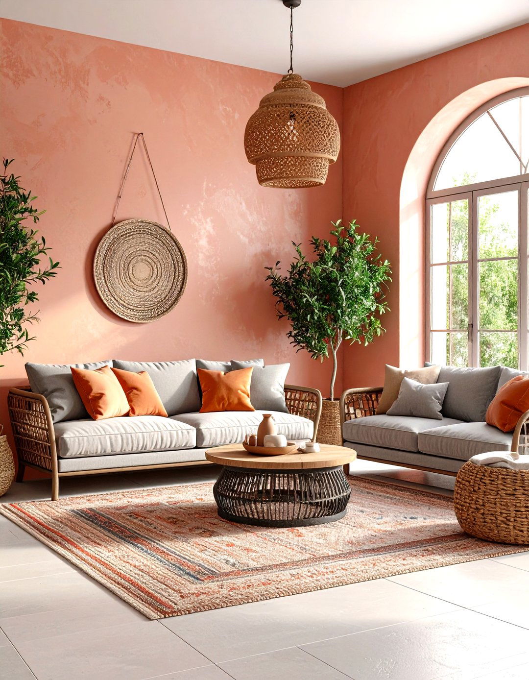 Pink and Grey Mediterranean Living Room with Terracotta Accents - 20 Pink and Grey Living Room Ideas