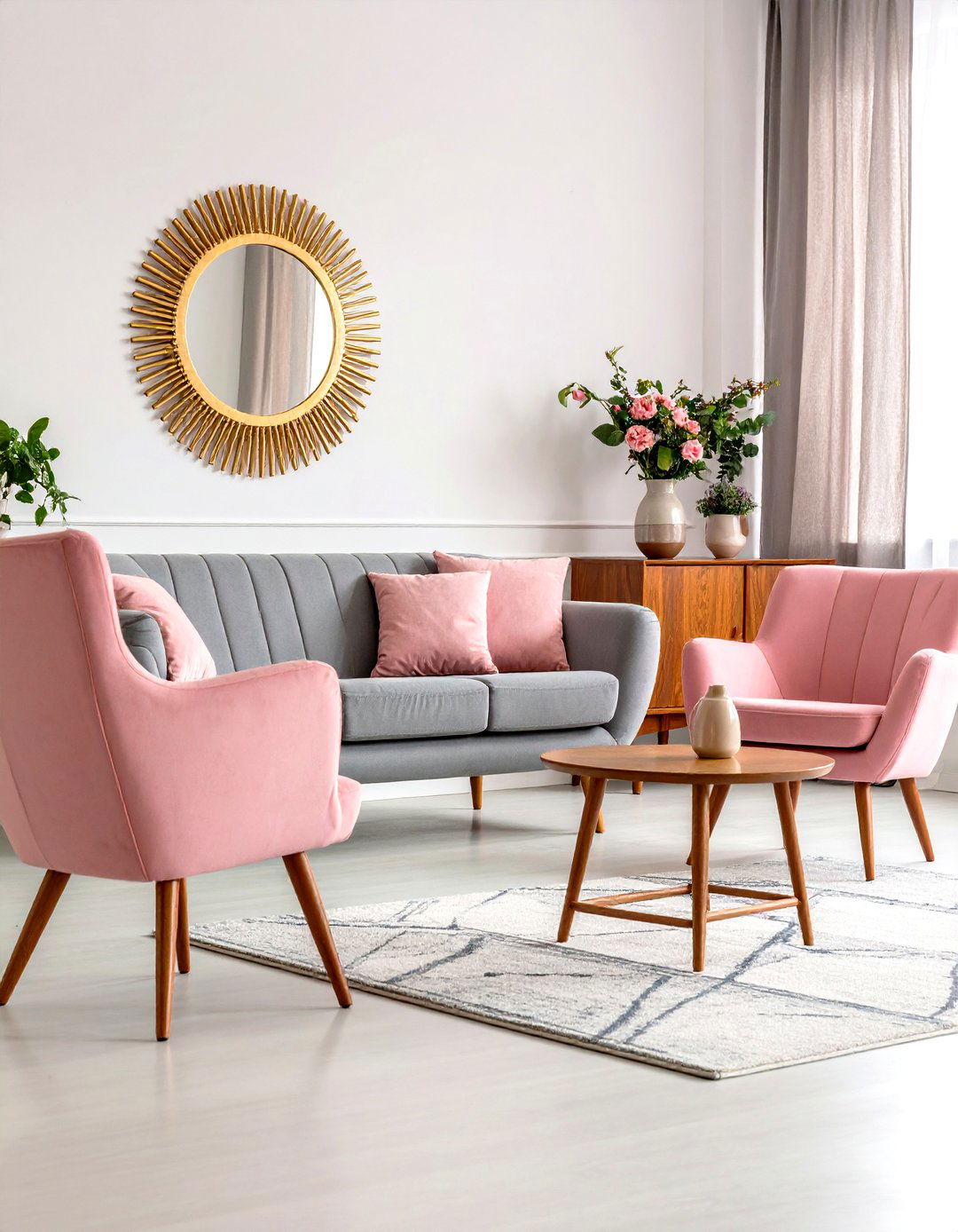 Pink and Grey Mid Century Modern Living Room with Iconic Furniture - 20 Pink and Grey Living Room Ideas