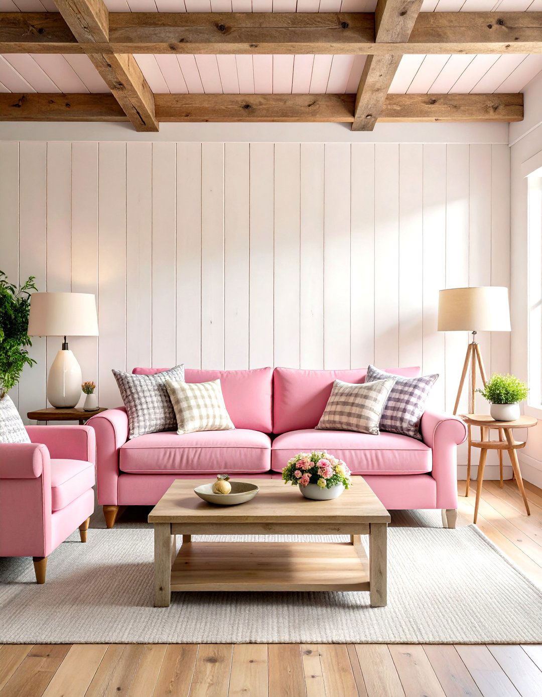Pink and Grey Modern Farmhouse Living Room with Shiplap Details - 20 Pink and Grey Living Room Ideas