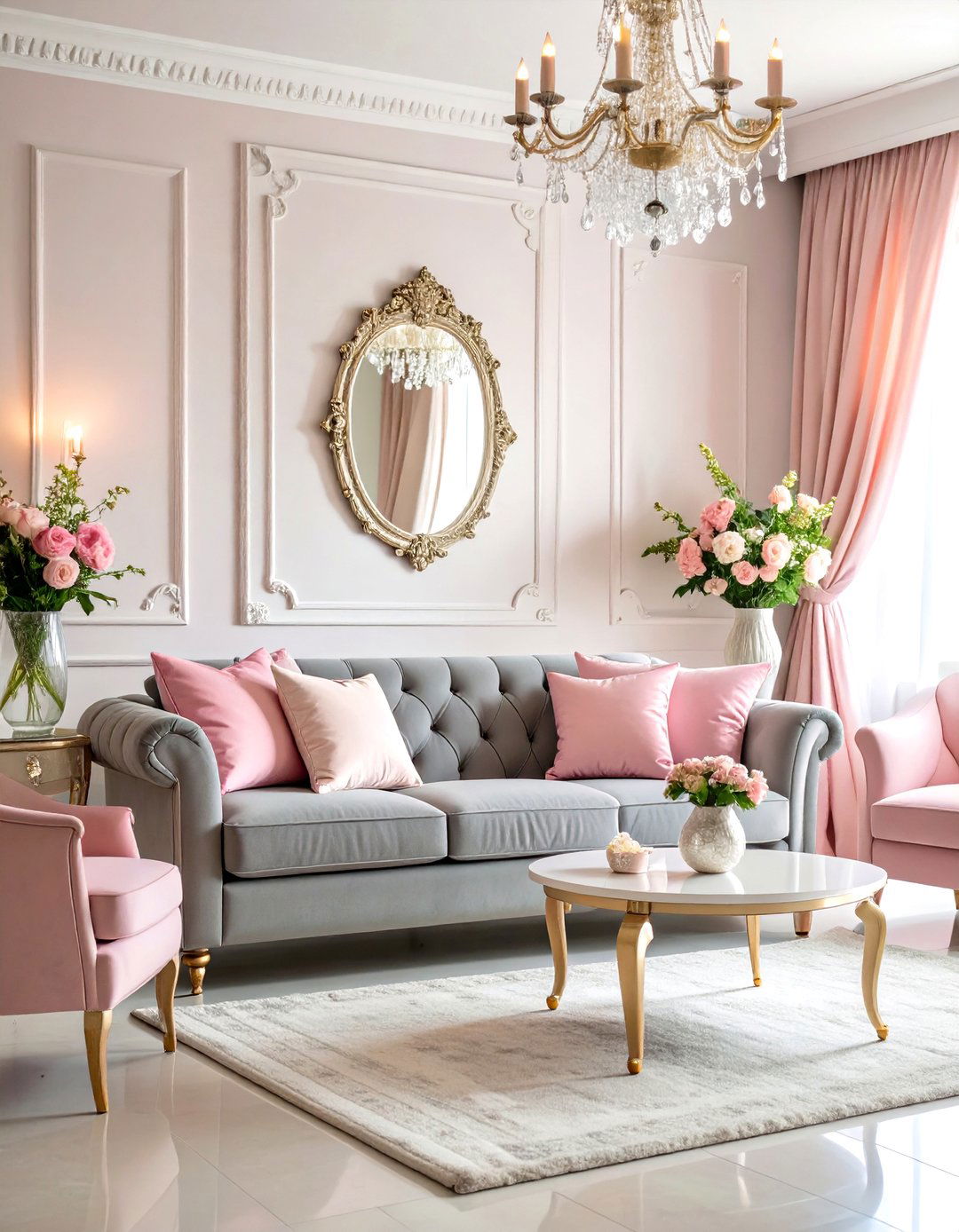 Pink and Grey Romantic Living Room with Luxurious Fabrics - 20 Pink and Grey Living Room Ideas