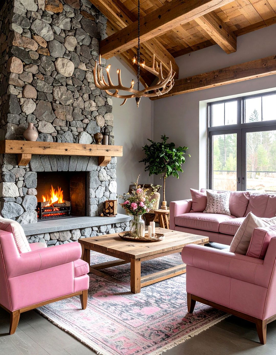 Pink and Grey Rustic Living Room with Natural Stone Features - 20 Pink and Grey Living Room Ideas