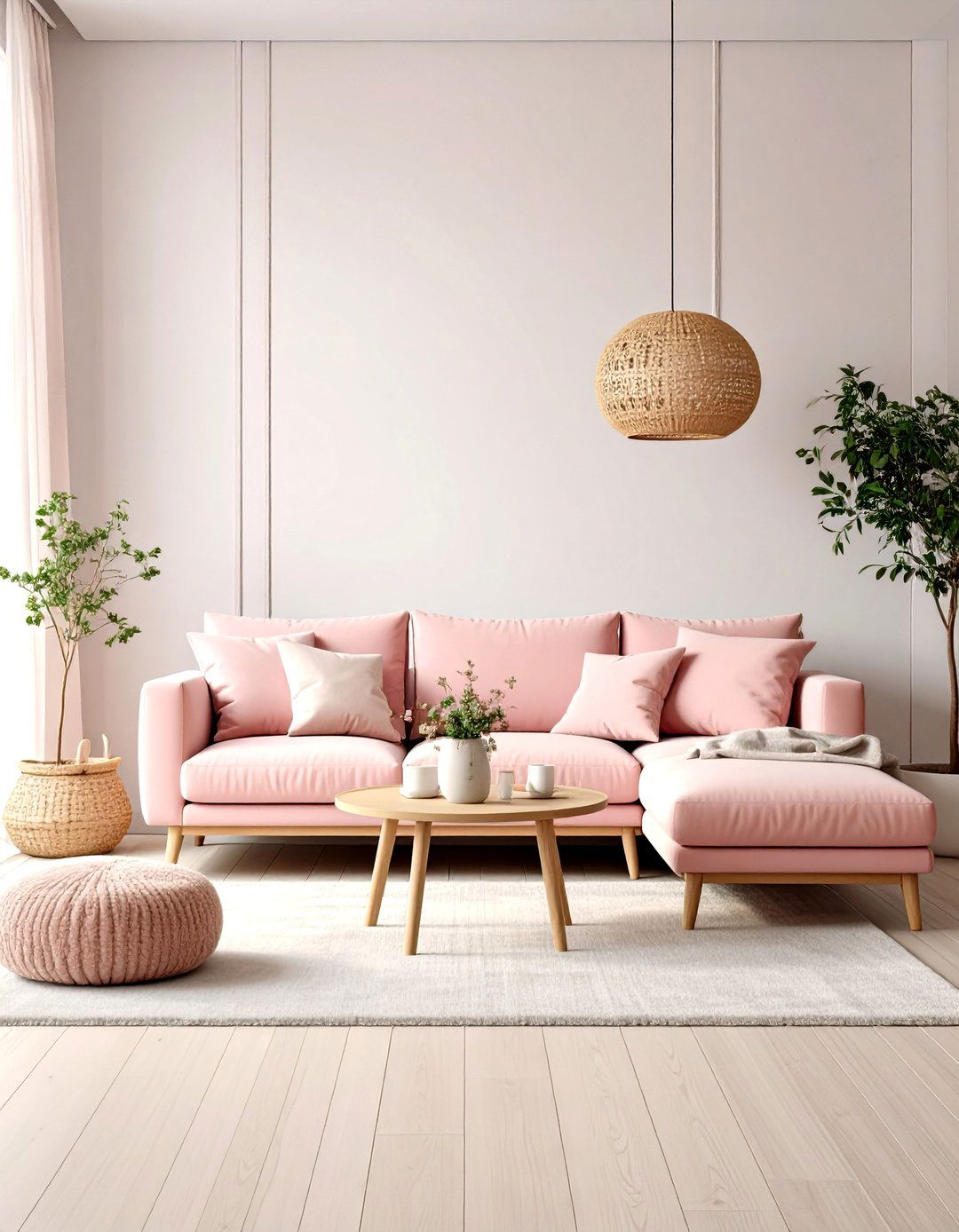 Pink and Grey Scandinavian Living Room with Natural Wood Accents - 20 Pink and Grey Living Room Ideas