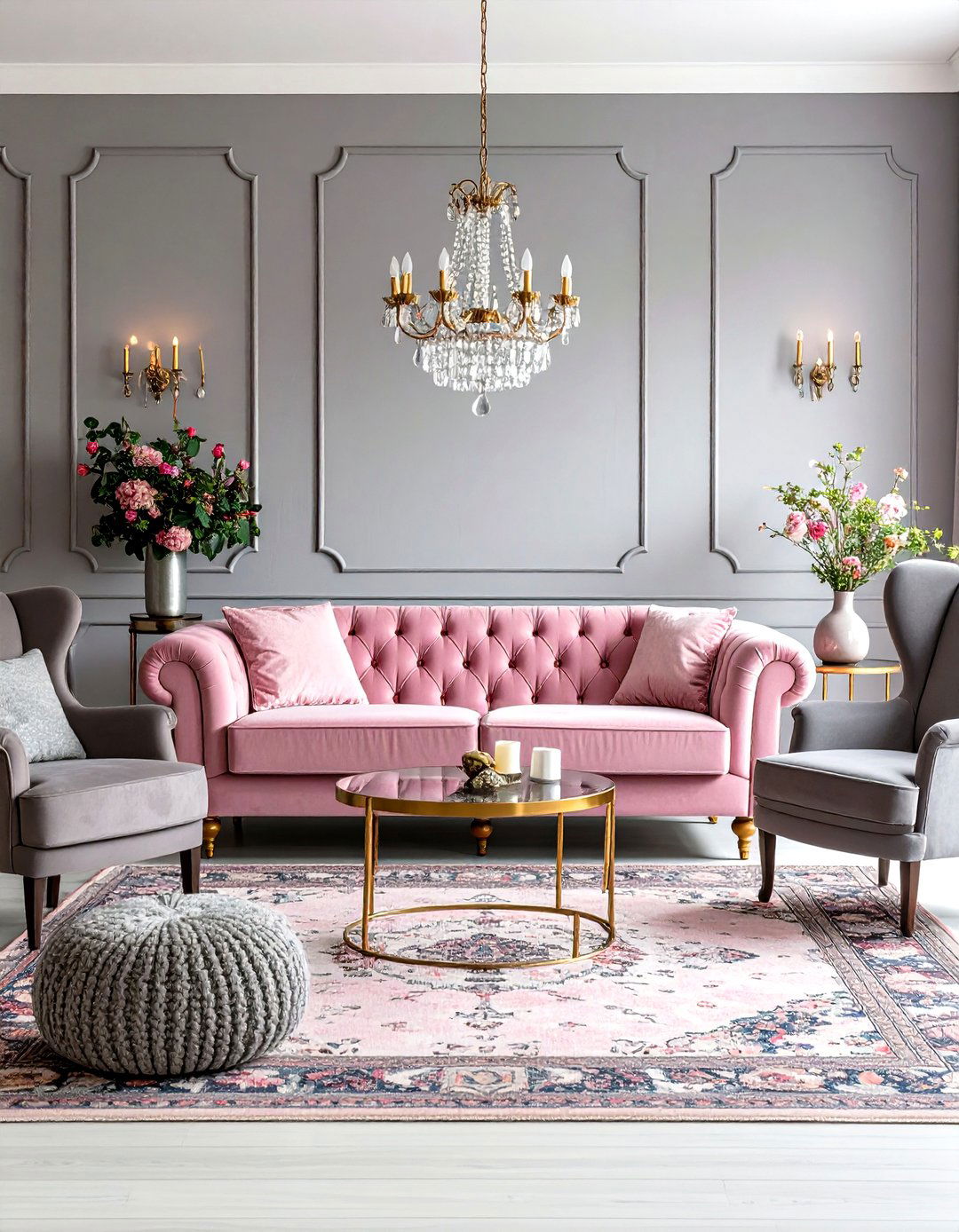 Pink and Grey Traditional Living Room with Elegant Furnishings - 20 Pink and Grey Living Room Ideas