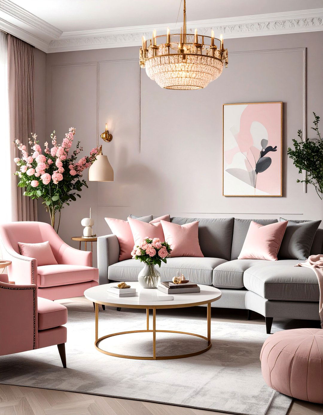Pink and Grey Transitional Living Room with Balanced Elements - 20 Pink and Grey Living Room Ideas