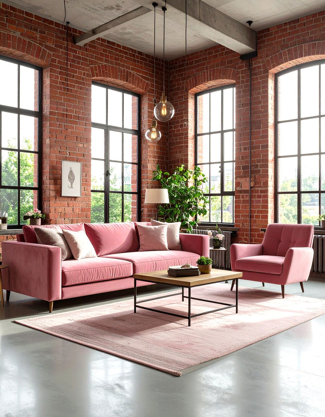 Pink and Grey Urban Loft Living Room with Exposed Elements - 20 Pink and Grey Living Room Ideas