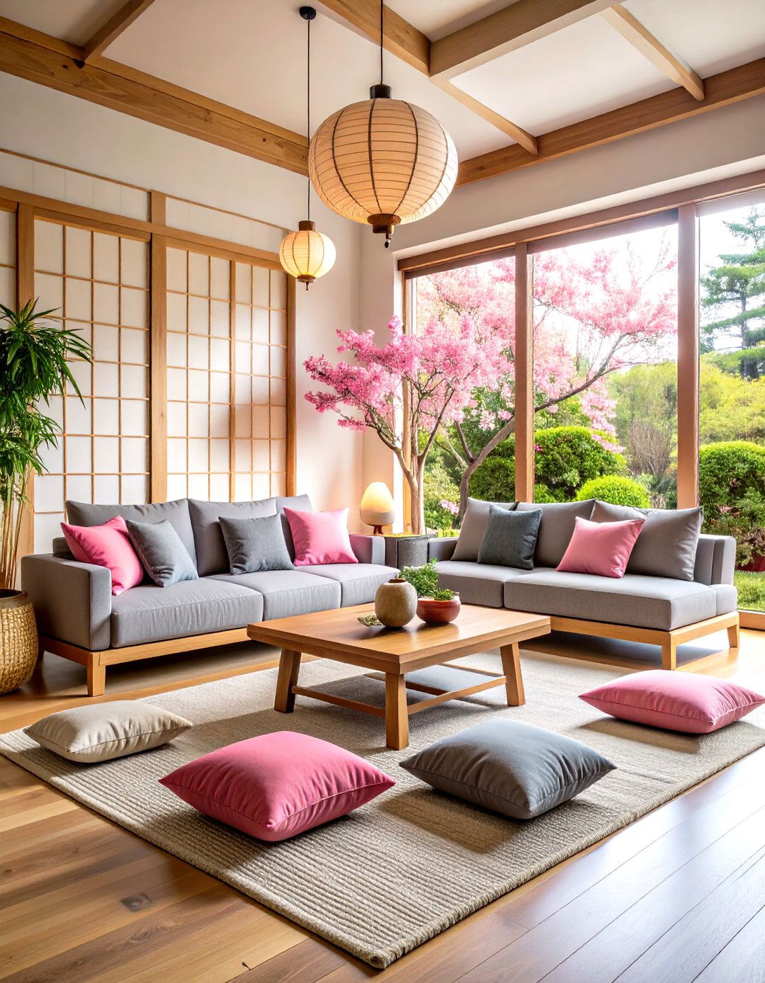 Pink and Grey Zen Living Room with Meditation Elements - 20 Pink and Grey Living Room Ideas