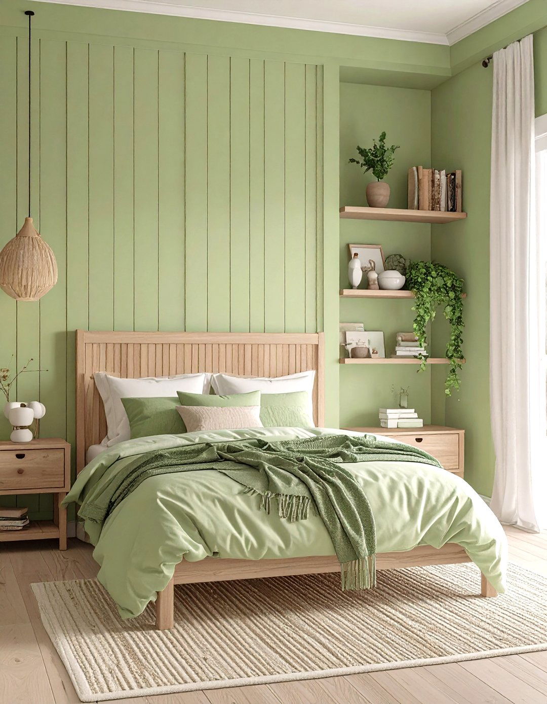 Pistachio Beadboard with Built In Shelving - 20 Green Panelling Bedroom Ideas