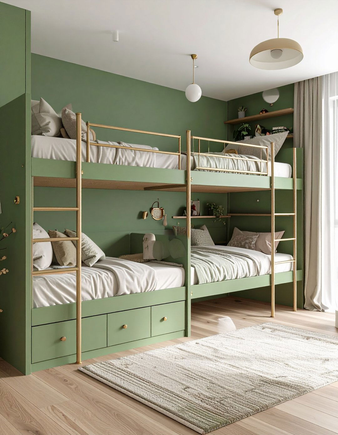 Pistachio Green Bunk Room with Brass Accents - 20 bunk room ideas
