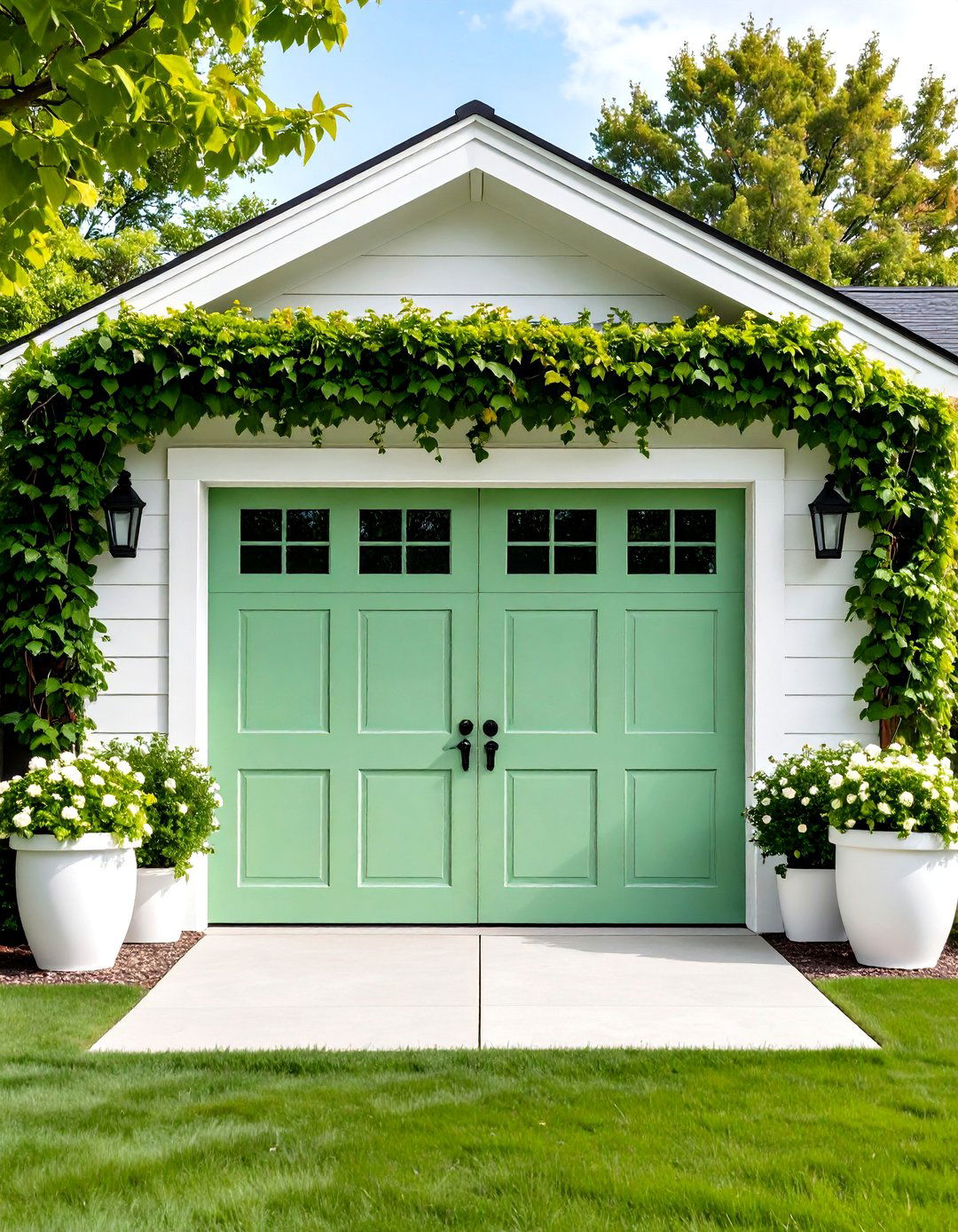 Pistachio Green Garage Door Framed by Crisp White Trim - 20 Green Garage Door Ideas