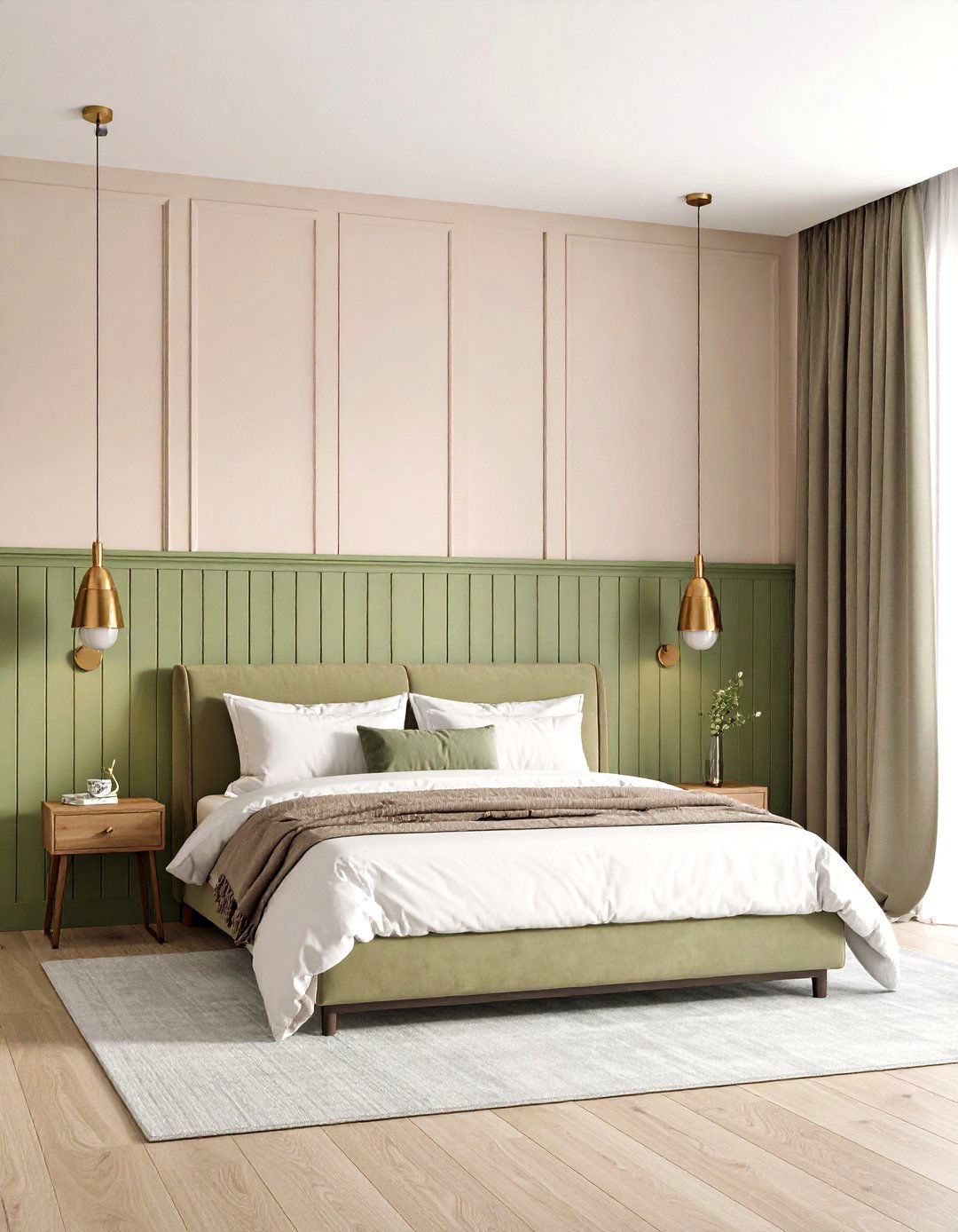 Pistachio Half Height Panel with Blush Above - 20 Green Panelling Bedroom Ideas