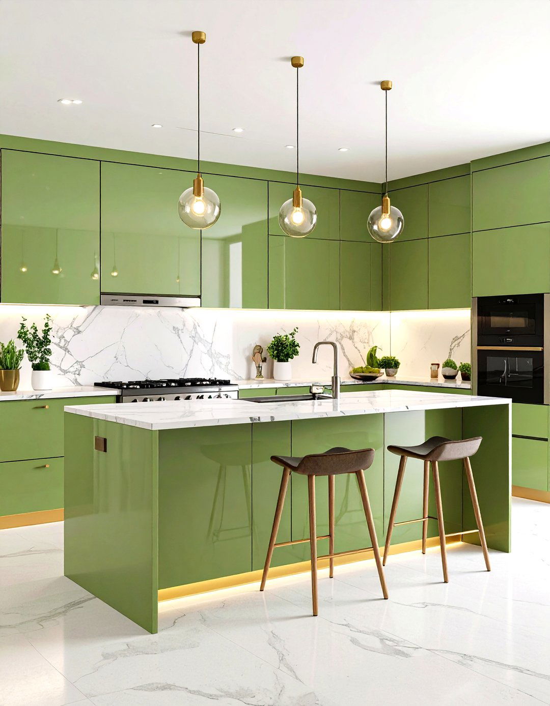 Pistachio Lacquer and Waterfall Marble - 20 Green Kitchen Cabinets With Black Countertops