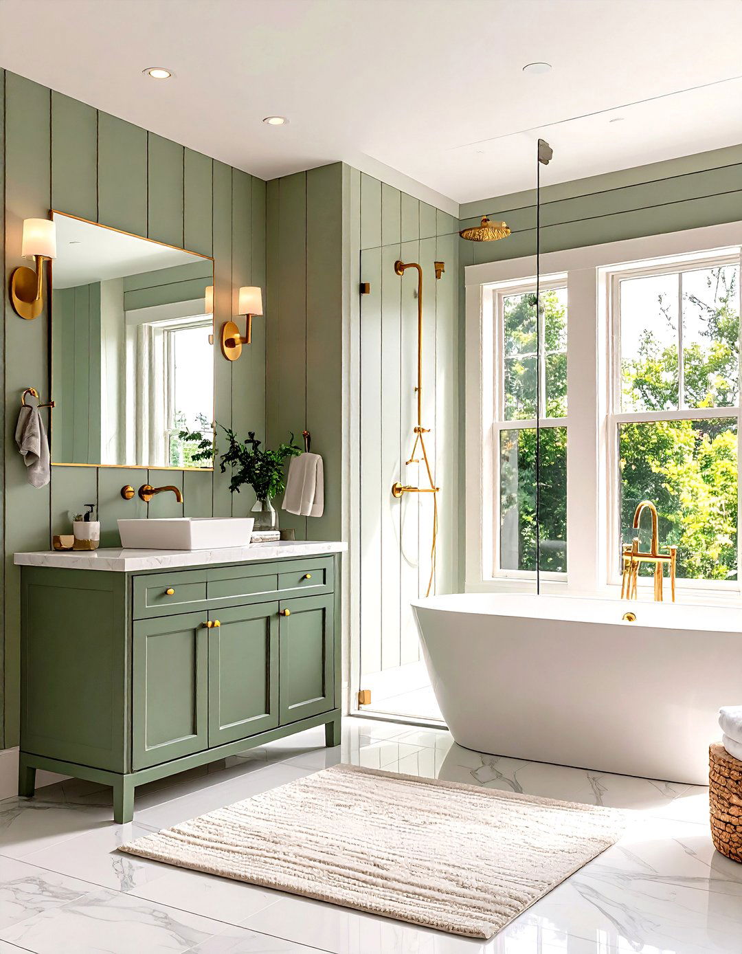 Pistachio Shiplap Bathroom with Gold Hooks - 20 Green and Gold Bathroom Ideas