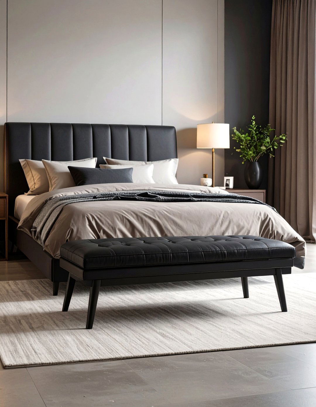 Place a Black Bench to Balance the Foot of the Bed - 20 Cream and Black Bedroom Ideas