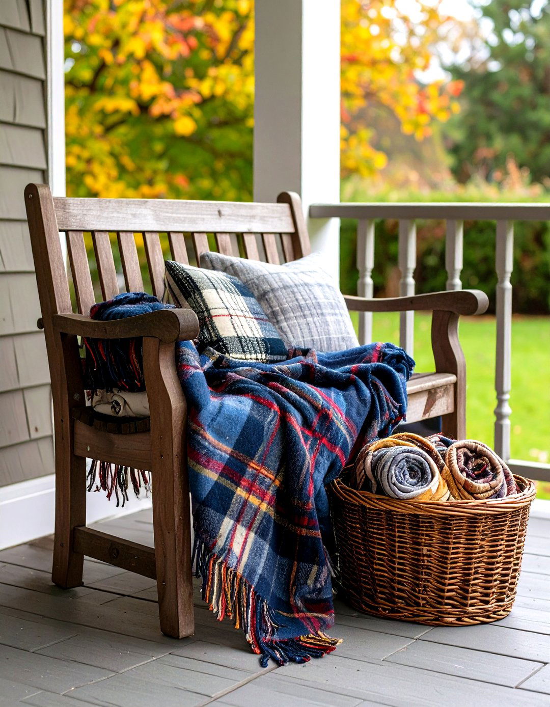 Plaid Blanket Scarf Over Bench for Inviting Fall Front Door Decor - 20 Front Door Fall Decor Ideas