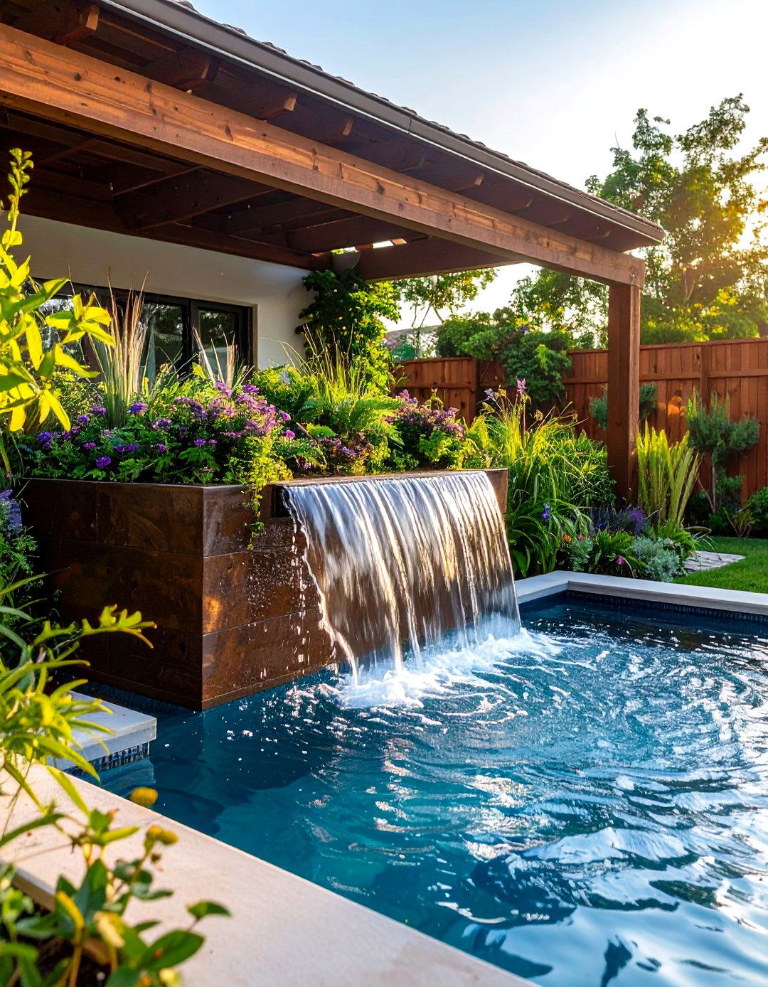 Planter Box Cascades Greenery Integrated Pool Fountain - 20 Pool Fountain Ideas