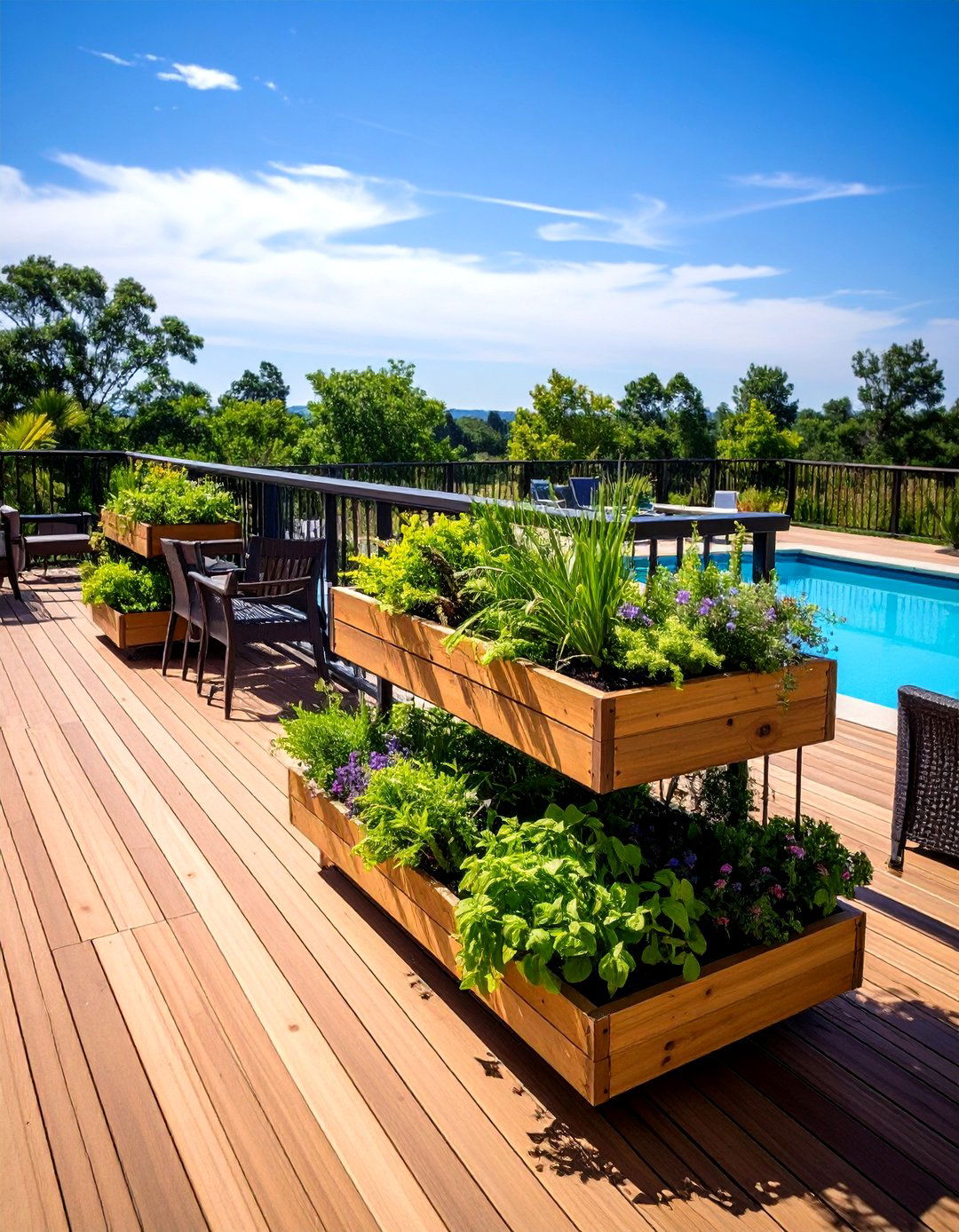 Planter Integrated Tiered Railings for Greenery - 20 Pool Deck Railing Ideas