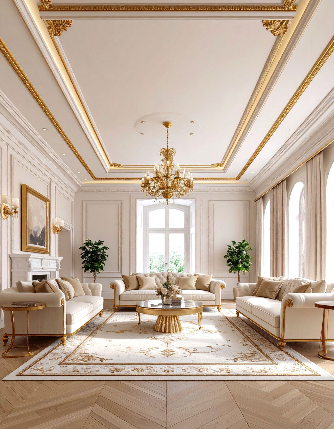 Play With Reflective Surfaces on the Ceiling - 20 Cream and Gold Living Room Ideas