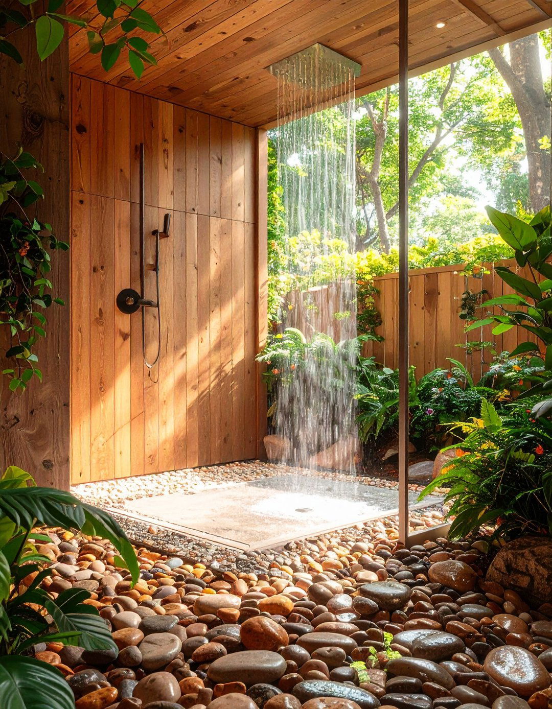 Play with Distressed Wood and Pebbles - 20 Rustic Walk-in Shower Ideas