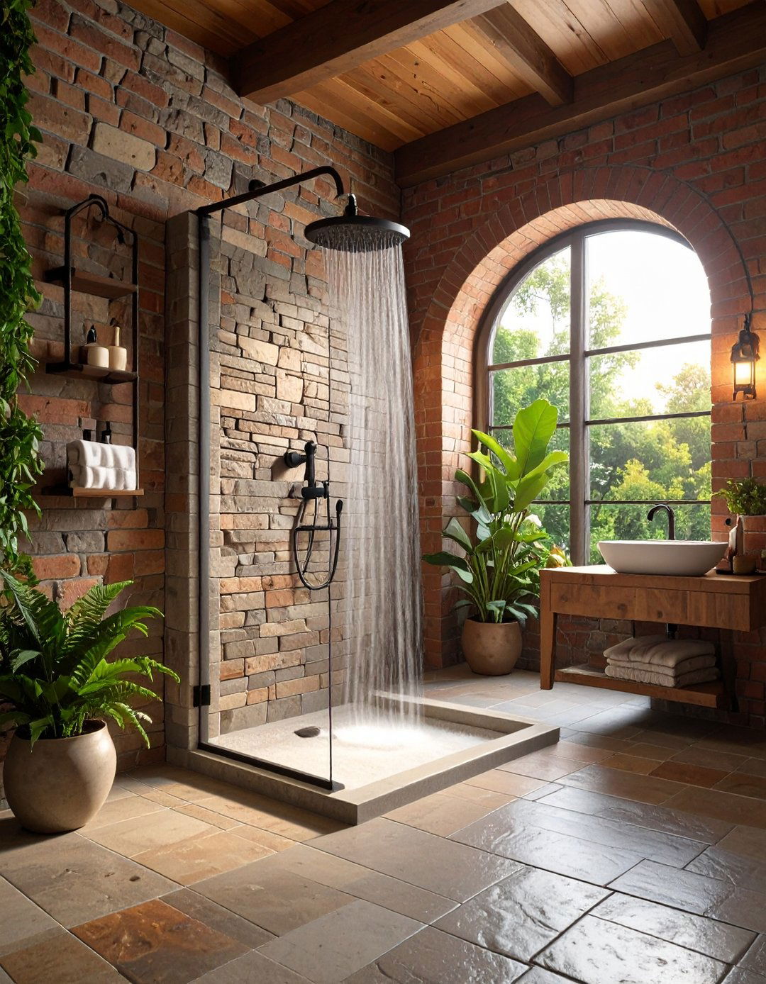 Play with Earthy Textures and Brick Accents - 20 Rustic Walk-in Shower Ideas