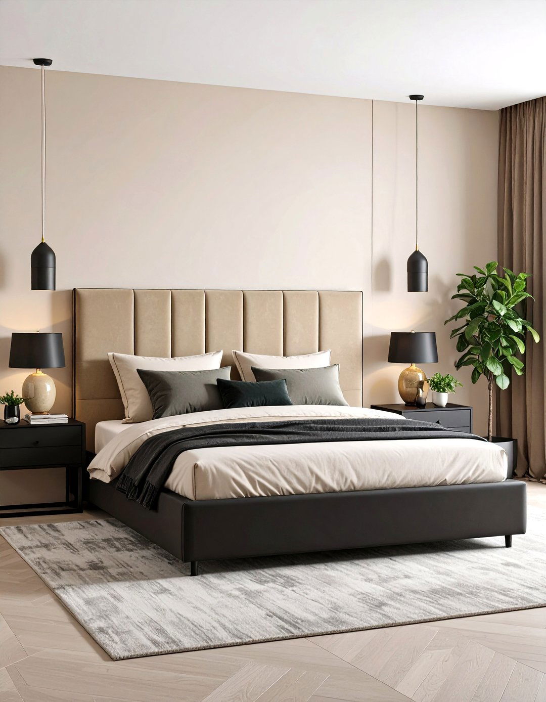 Plush Beige Headboard and Black Nightstands - 20 Black and Beige Bedroom Design Ideas