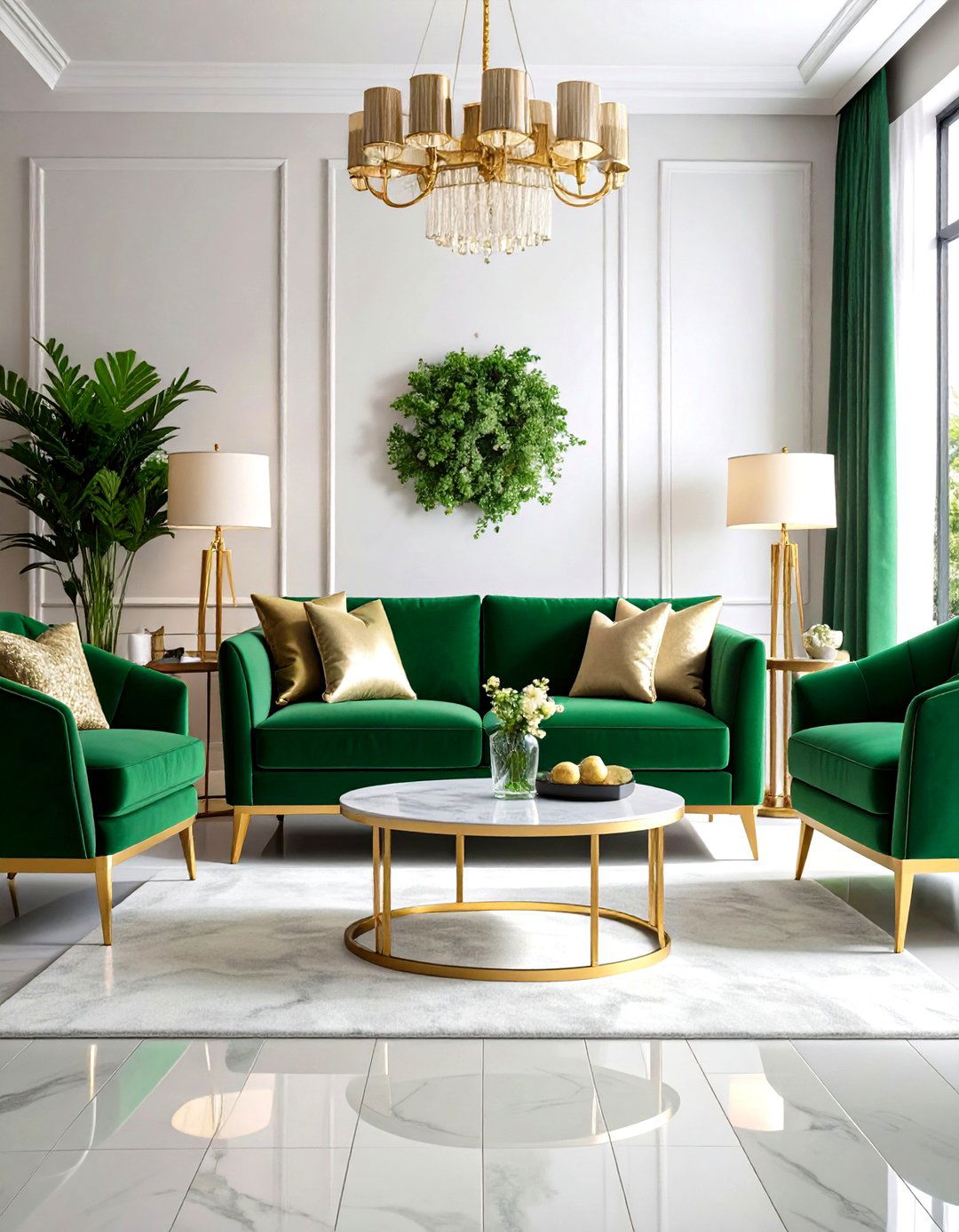 Plush Emerald Velvet Sofa with Brass Details - 20 Emerald Green and Gold Living Room Ideas