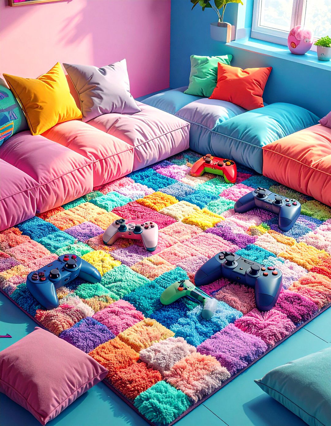 Plush Rug and Floor Seat Nook Gamer Girl Room - 20 Gamer Girl Room Ideas