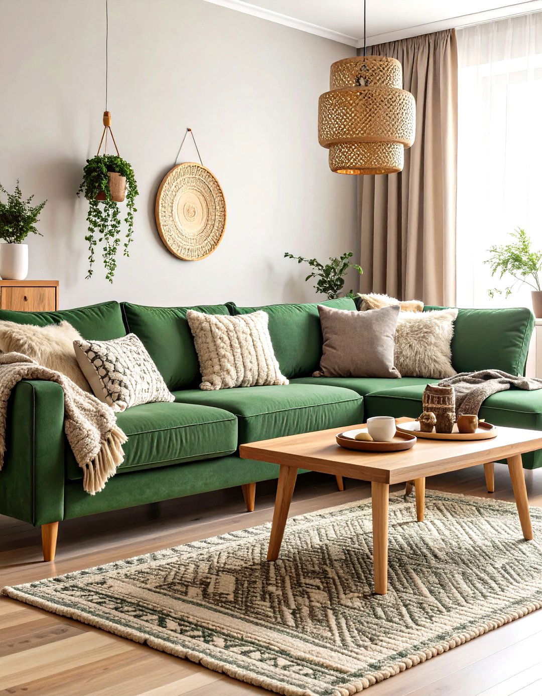 Plush Sectional in Deep Juniper With Layered Textures - 20 Dark Green Living Room Ideas