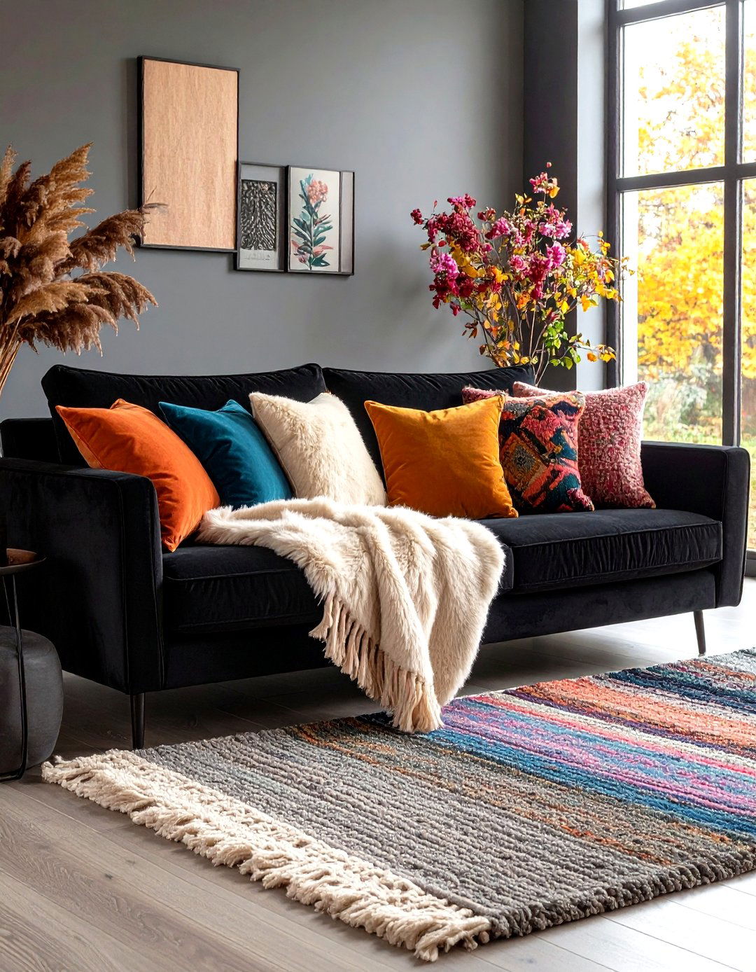 Plush Throws and Texture on a Black Couch - 20 Black Couch Living Room Ideas