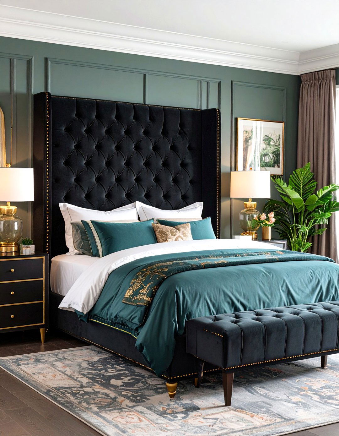 Plush Velvet Headboard with Gold Nailheads - 20 Black and Gold Bedroom Ideas