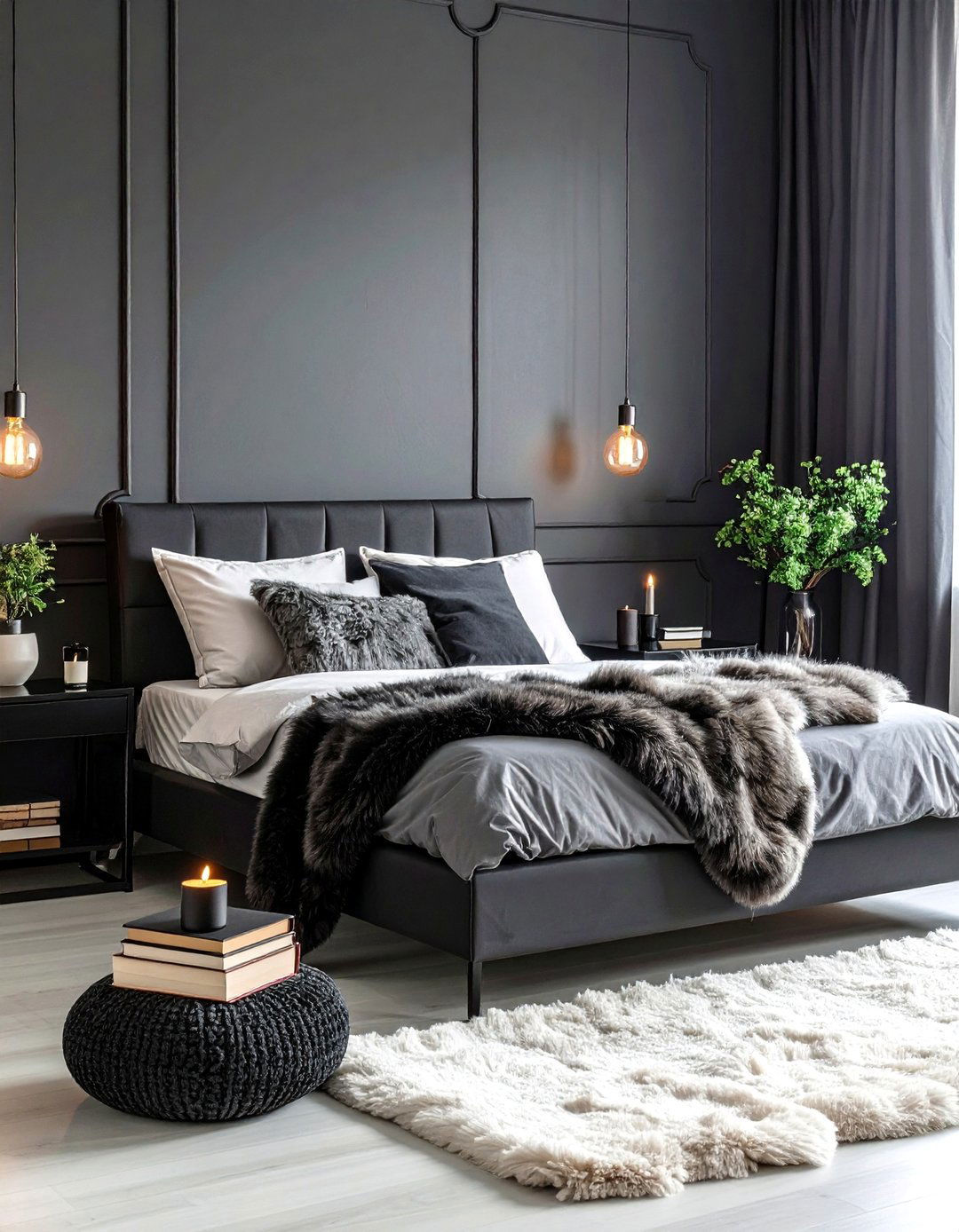 Plush White Fur Throws on Charcoal Walls - 20 Feminine Black and White Bedroom Ideas