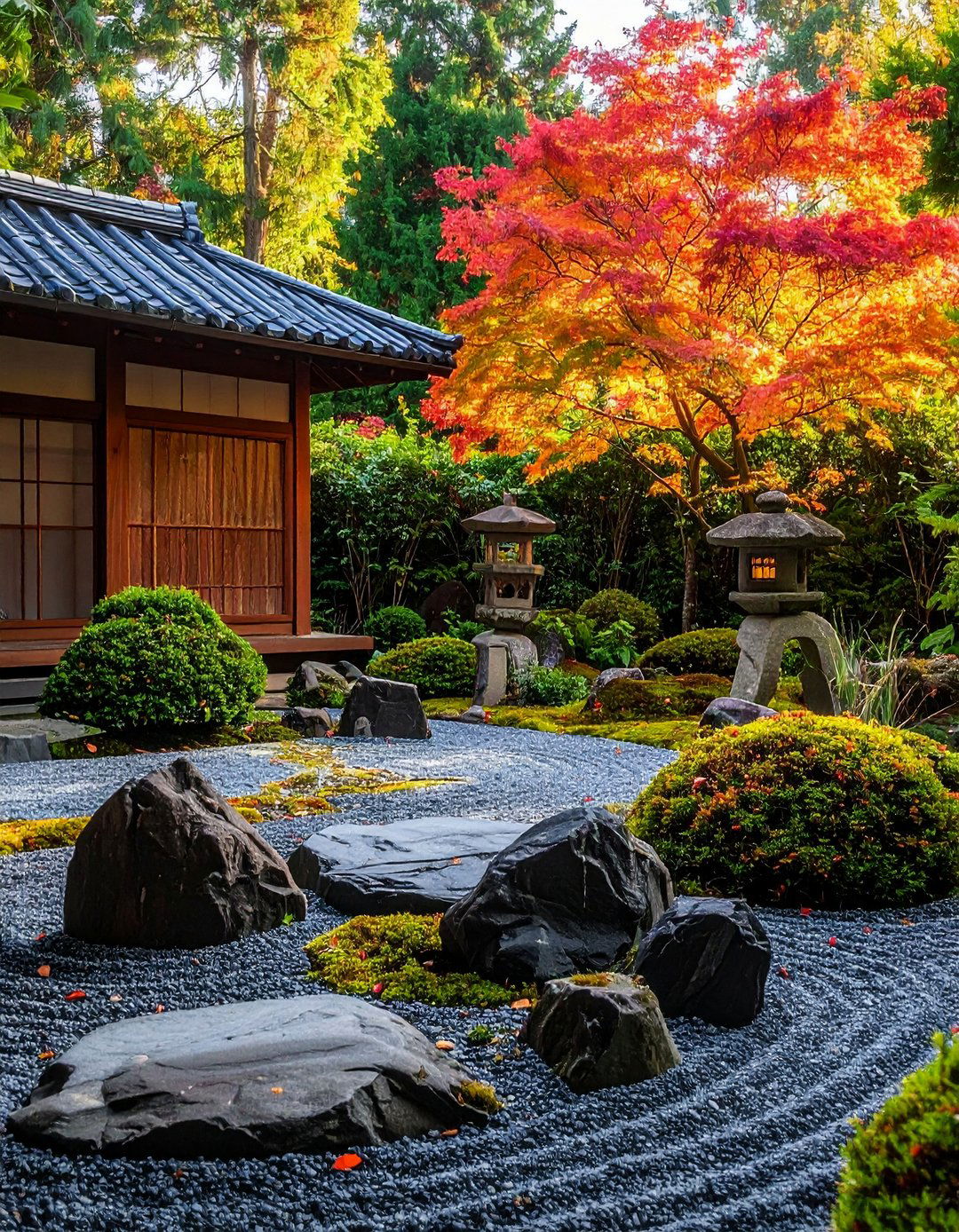 Pocket Zen Garden Anchored by Black River Rock - 20 Black River Rock Landscaping Ideas