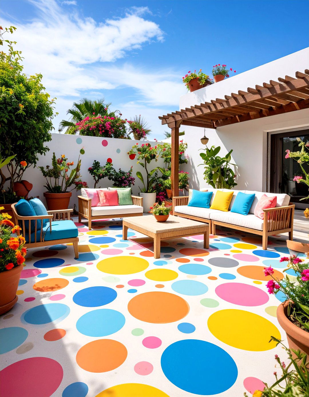 Polka Dot Painted Concrete Patio - 20 Painted Concrete Patio Ideas