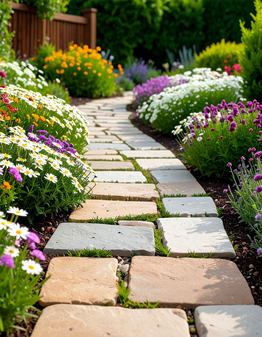 Pollinator Friendly Flagstone Walkway Threaded with Ground Cover Flowers - 20 Flagstone Walkway Ideas