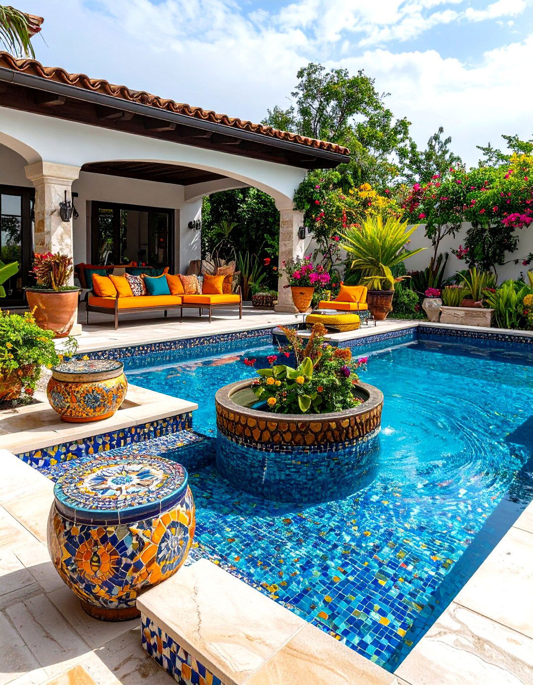 Pool Patio with Colorful Tile Accents and Artistic Elements - 20 Pool Patio Ideas