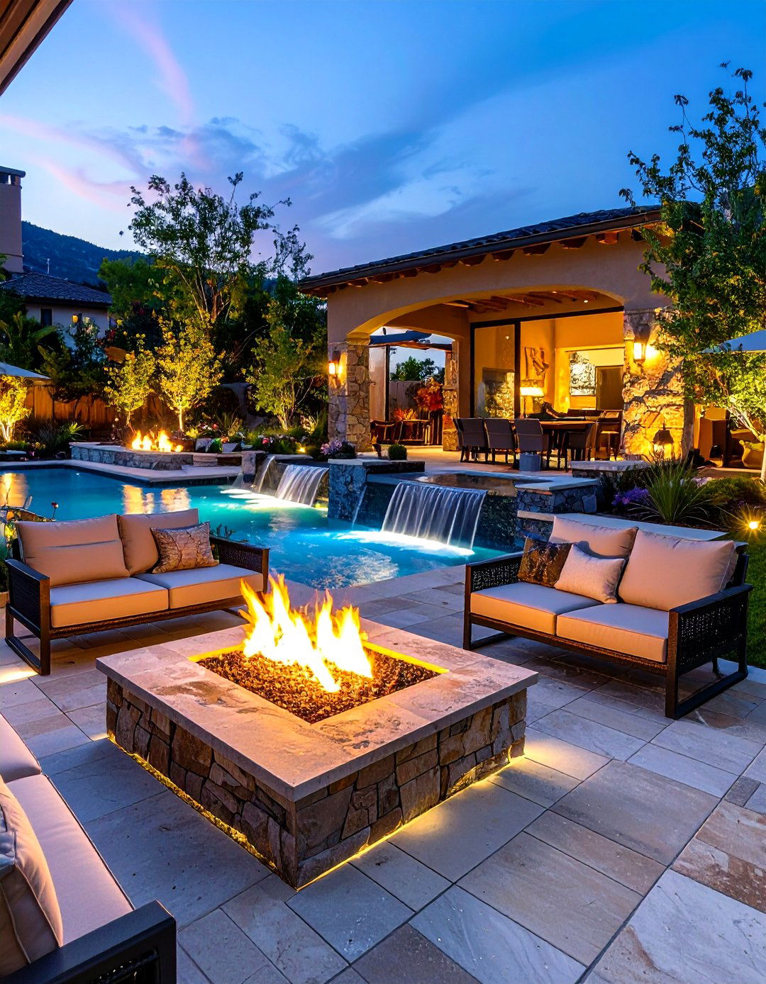 Pool Patio with Fire and Water Features - 20 Pool Patio Ideas